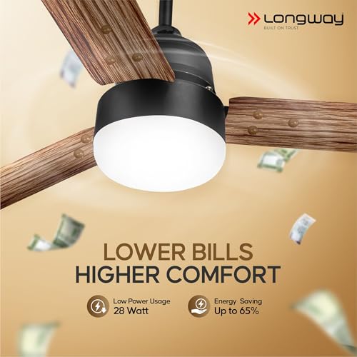 Image of LONGWAY Luminair Max 1200 mm BLDC Ceiling Fan with Remote Control & LED Light | BEE 5 Star Rated Energy Efficient | Ultra High Speed 3 Blade Anti-Dust Decorative | 5 Years Warranty (Smoked Cedar)