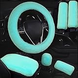 Dotesy 6 Pcs/Set Fluffy Faux Wool Car Steering Wheel Cover & Furry Seatbelt Shoulder Pads & Auto Center Console Armrest Pads & Gear Shift Knob Cover & Handbrake Cover Universal Warm Winter Mint Green