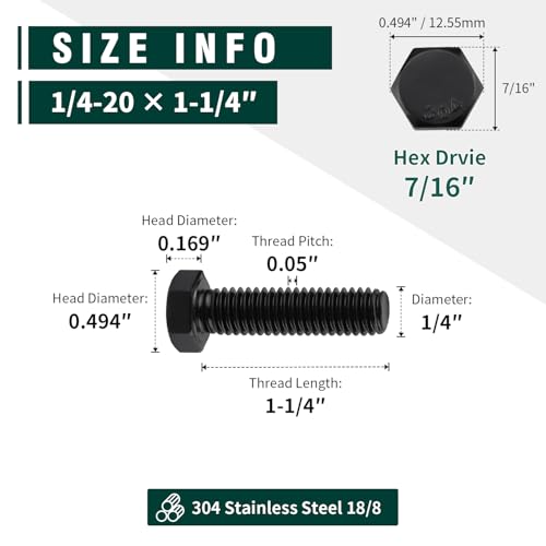 Image of 1 /4-20 x 1-1 /4 inch Hex Head Bolts Black, 304 Stainless Steel 18-8 Hexagon Head Screws Bolts, Black Oxide Finish, Allen Hex Drive, 20 PCS