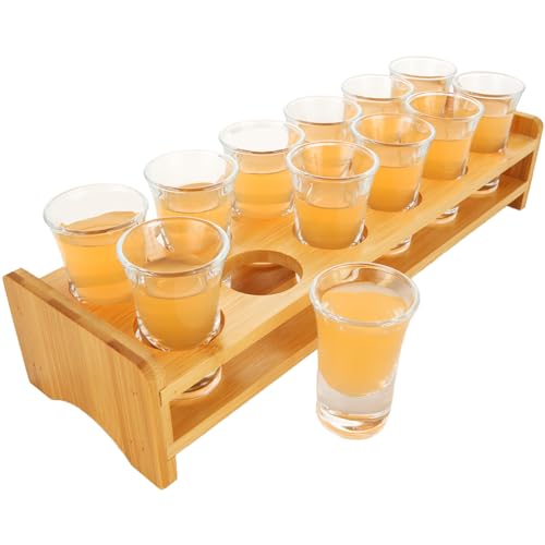 Oungy Shot Glass Set, 12Pcs Shot Glasses with Wooden Shot Glass Tray Holder, 1oz/30ml Crystal Glass Cups 12 Holes Bulk Cocktail Holder for Drinking, Party, Bar, Home