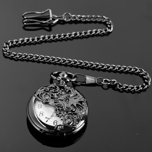 Image of Dragon Design Quartz Pocket Watch Roman Numerals with Chain Birthdays Gifts for Father's Days