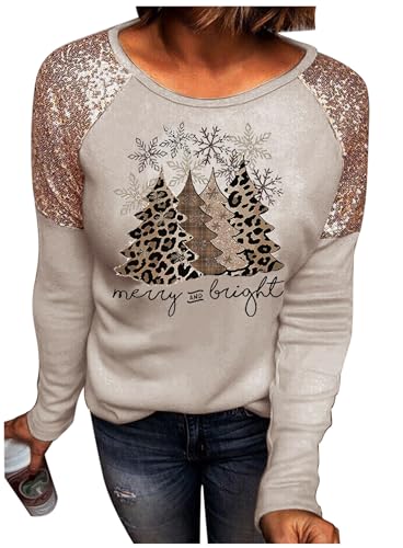 Image of Women Leopard Christmas Trees Snowflake Sequined Splicing Blouse T Shirts Xmas Graphics Print Casual Long Sleeve Tees