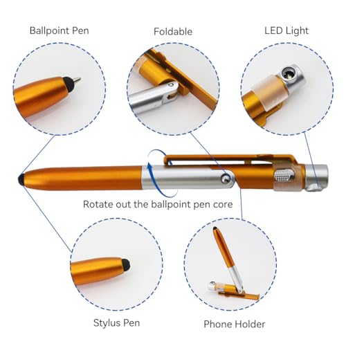 Image of ZORBES 4Pcs Multifunction Stylus Pen for Phone with Folding Stand, Retractable Ballpoint, LED Light Compact 4-in-1 Tool for Tech Enthusiasts and Professionals Portable Desk Pen and Phone Holder