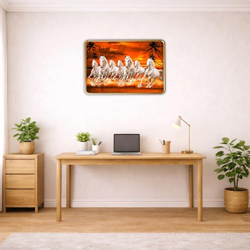 Image of XOPY Seven Running Horses with Golden Frame | Vastu 7 horses Raw Pyrite Painting for Home, Office & Living Room Wall Decore | 12X18 Inch Sparkle Laminated Frame | Best For Gifting (53317, 12X18)