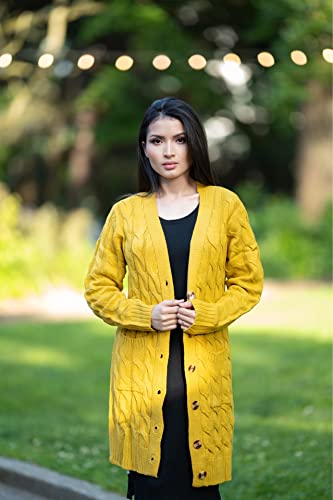 Prettygarden Women's Long Sleeve Cable Knit Button Down Midi Cardigan Sweater Open Front Chunky Knitwear Coat With Pockets (Yellow, Medium) #TOP1