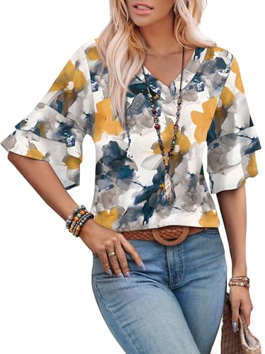 Image of OFEEFAN Spring Tops for Women Boho Shirts Fashion Clothing Cute 3 /4 Length Sleeve Blouses Dressy Casual Summer Outfits