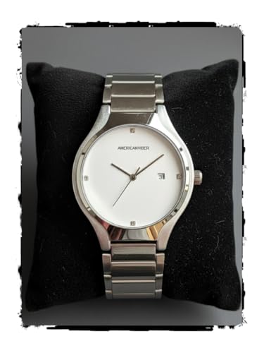 Image of AMERICANVIBER Men's Minimalist Watch, Silver Stainless Steel, White Dial with Crystal Accents, Analog Quartz Movement, Date Window For Men