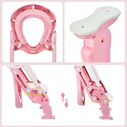 Toilettensitz Kinder mit Treppe, Stabilen Rutschfesten Breiten Pedalen und Weichem PU Kissen, Klappbar Kinder WC Sitz mit Rutschfest Leiter, HöHenverstellbar 38-42cm Rose - Image 4