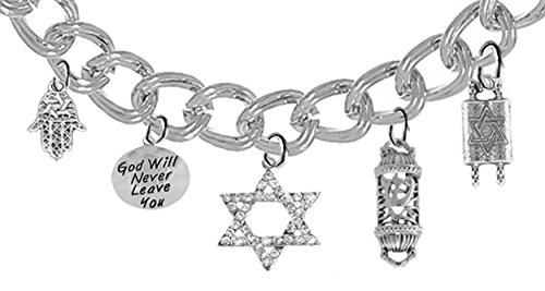 Jewish Charm Bracelet, Crystal Star Of David, Hamsa, Torah, Mezuzah, God Will Never Leave You, Hypoallergenic, Safe-Nickel, Lead, And Cadmium Free-It Is What You Do Not See That Matters™