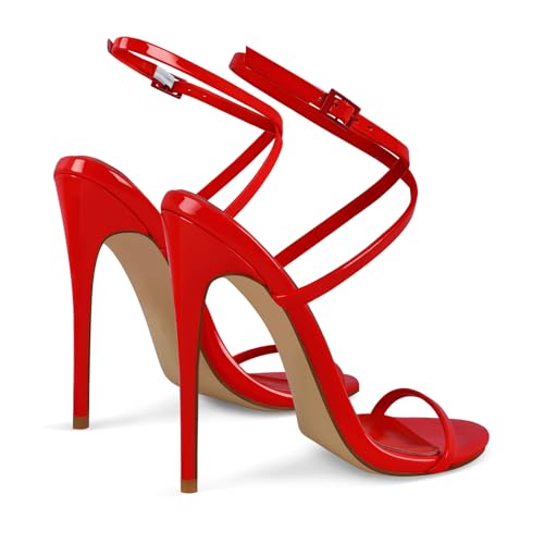 Image of Strappy High Stiletto Heels, Ankle Strap Buckle Heeled Womens Sandals, Sexy Comfort Open Round Toe Heels for Daily Party Dress