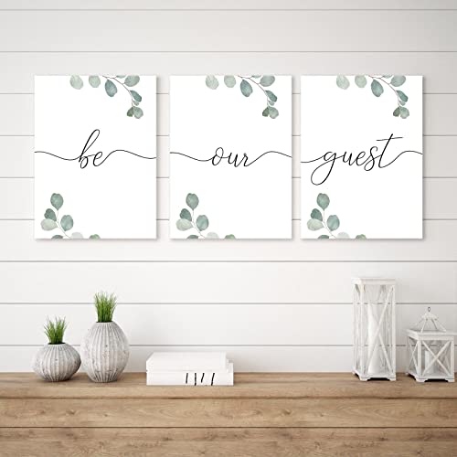 Be Our Guest Sign Wall Art Set Of 3, Farmhouse Guest Room Wall Decor For Hanging Above Bed, Framed Canvas Wall Art With Botanical Prints For Bedroom, Guest Room Decor (12X16Inch) #TOP3