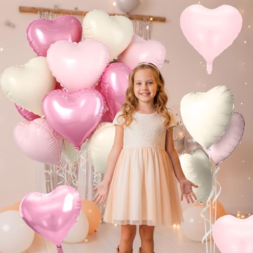 Image of Pink Heart Balloons, 10 Pcs Pastel Light Baby Pink White Foil Heart Shaped Balloon, 18 Inch Cream Sand White Balloons Helium for Engagement, Brithday, Baby Shower, Wedding, Valentines Party Decoration