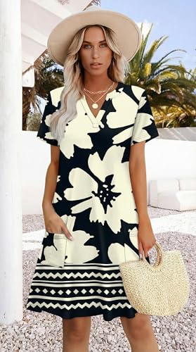 Image of WIHOLL Summer Dresses for Women Casual V Neck Wedding Guest Dress Hawaiian Midi Dress Fashion Beach Vacation Clothes