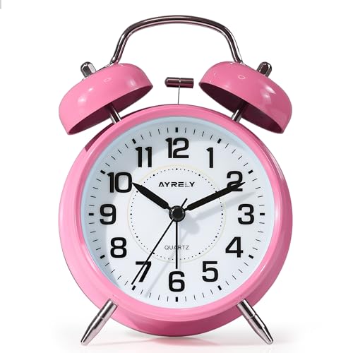 Image of AYRELY Super Loud Alarm Clock for Heavy Sleepers Adults,Twin Bell Retro 4 Inch Silent Non-Ticking Quartz with Backlight, Metal dial, Alarm Clocks for Bedrooms Bedside (Pink)