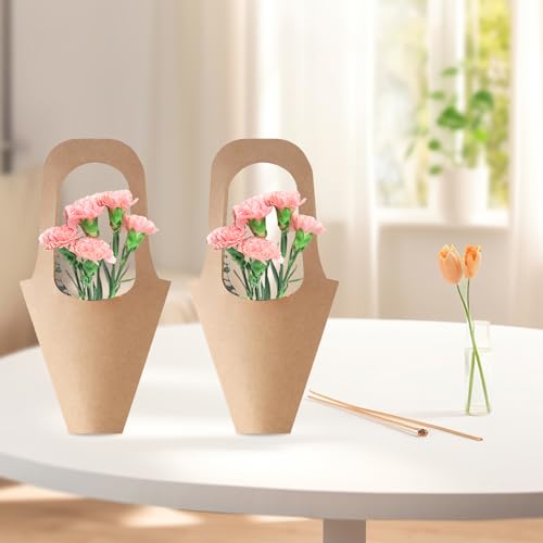 Merkaunis 50 Pcs Flower Bouquet Bags with Handle, Kraft Paper Flowers Gift Bags, Paper Brown Creative Cone Flower Sleeves, Hanging Kraft Paper Bouquet for Flower Arrangement and Home Decoration