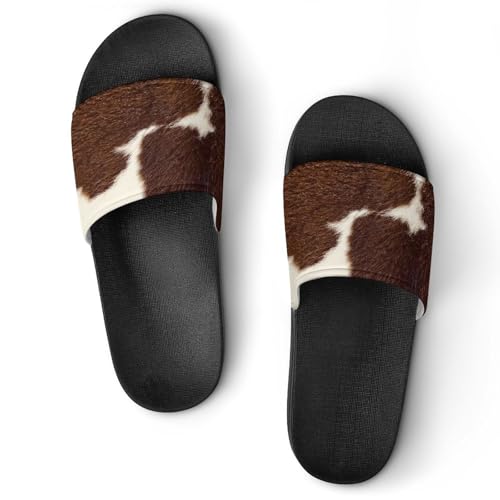 Brown And White Cow Hide PVC Slippers Sandals for Women Men Open Toe Soft Cushioned Non-Slip Sandal for Indoor Outdoor