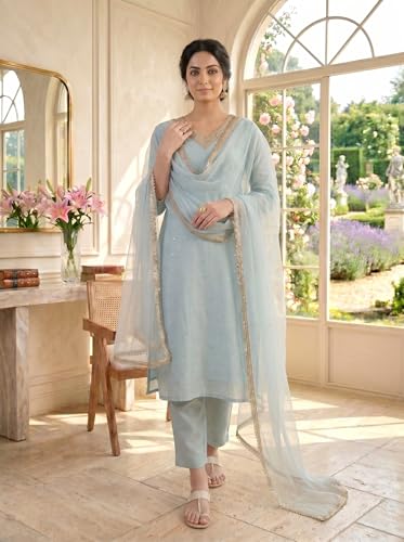 SHRITHI FASHION FAB Women's Blue Chanderi Silk Kurta Set Sky-Blue - Image 3