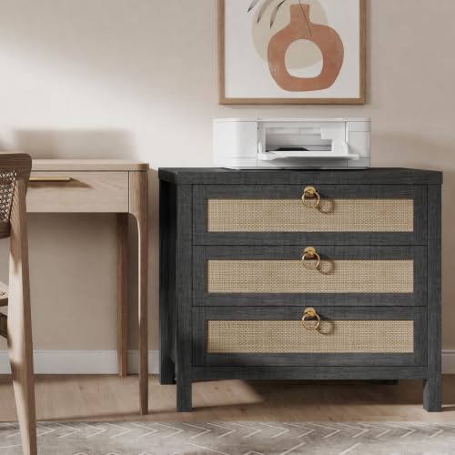Image of Eclatara Large Rattan Night Stand Set of 2 Boho Nightstand with 3 Drawers | Black Oak Storage Bedside Table End Table Side Table for Bedroom