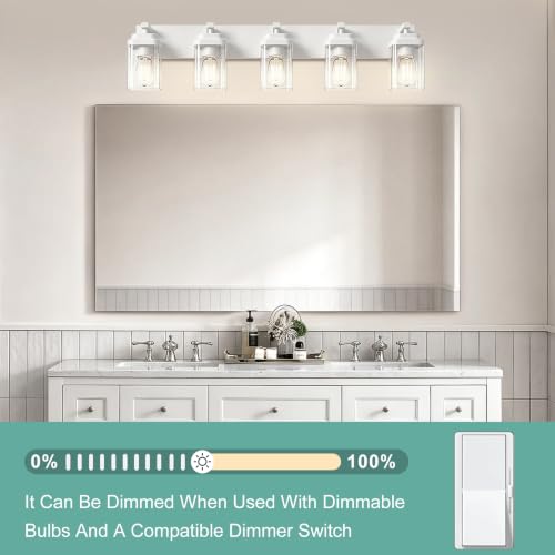 Image of White Bathroom Light Fixtures, 5 Lights Bathroom Lighting Fixtures Over Mirror, Square Design & Rectangle Large Backplate, Modern Vanity Lighting Fixtures, for Bathroom /Living Room /Bedroom