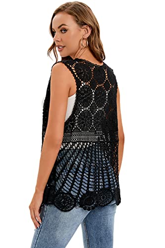 Women's Crochet Vest Sleeveless Boho Lace Cardigan (Round Flower Black)2