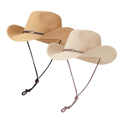 Image of Straw Cowgirl Hat for Women Cowboy Hats for Men Wide Brim Sun Hat Shapeable Western Hat Beach Hat
