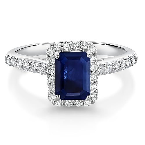 Gem Stone King 10K White Gold Blue Sapphire and White Lab Grown Diamond Halo Engagement Wedding Ring For Women (1.90 Cttw, Emerald Cut 7X5MM, Available In Size 5, 6, 7, 8, 9)