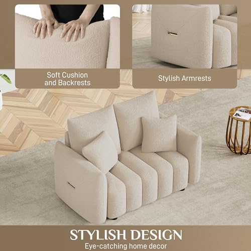 Image of OUYESSIR 56 inch Modern Sofa Couch, Comfy Deep Seat Teddy Cloud Sofa, Upholstered 2-Seater Boucle Couch, Oversized Loveseat for Living Room, Bedroom, Office, Apartment, Light Brown