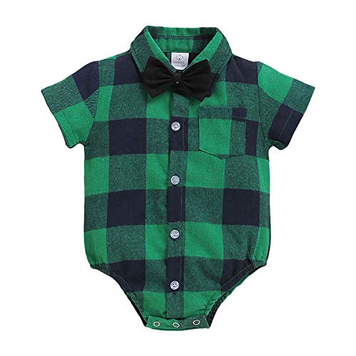 ROMPERINBOX Infant Flannel Buffalo Plaid Baby Shirt Short Long Sleeve Button Down Cardigan Boy Girl Outfit Bodysuit (Green Navy Plaid Short Sleeve Shirt, 6-9 Months)