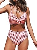CUPSHE Conjunto de bikini rojo con cuello en V y cintura alta para mujer, Vichy rojo, L