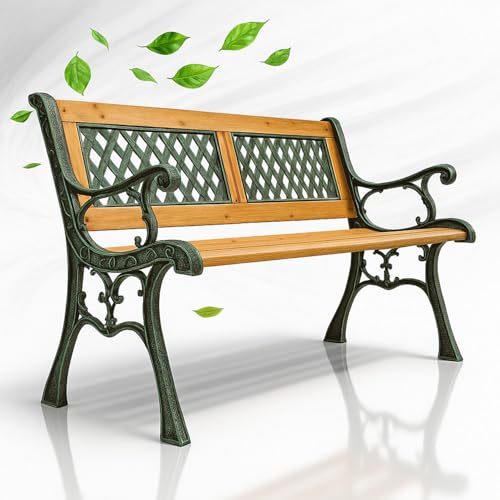 Juskys Banc de Jardin - Banc en Bois 2 Places avec accoudoirs & Dossier - Banc résistant aux intempéries 122x54x73 cm - éléments latéraux en Fonte-...