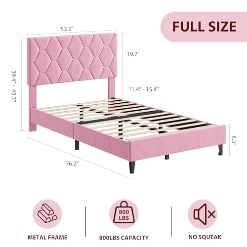 GAOMON Pink Full Bed Frame with Upholstered Headboard, Heavy-Duty Platform Bed Frame with Strong Wood Slats, No Box Spring Needed/Noise Free/Easy Assembly