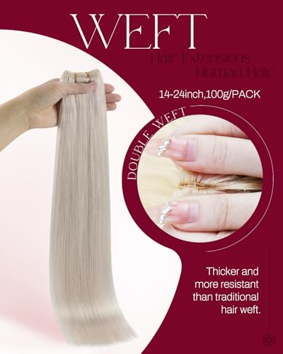 Image of Moresoo Sew in Hair Extensions Human Hair, Platinum Blonde, 14 Inch 100g | Remy human hair creates a cool, clean finish, ideal for daytime styling, winter looks and modern layered hairstyles
