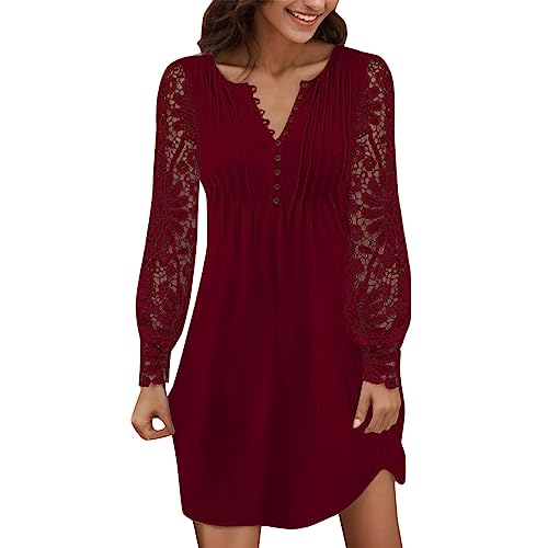 Robe De SoiréE Femme Manches Longues Dentelle Col V avec Boutons Mini Robes Chic Et Elegant Slim Fit Casual Solide Pas Cher Grande Taille pour Princesse De...