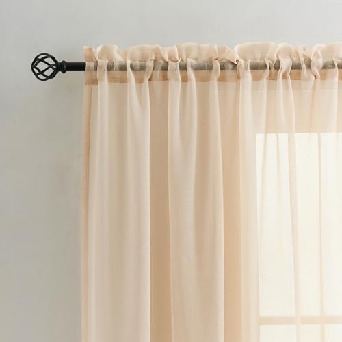 Image of MYSTIC-HOME Sheer Curtains Taupe 45 Inch Length, Rod Pocket Voile Drapes for Living Room, Bedroom, Window Treatments Semi Crinkle Curtain Panels for Yard, Patio, Villa, Parlor, Set of 2, 52 inchx 45 inch