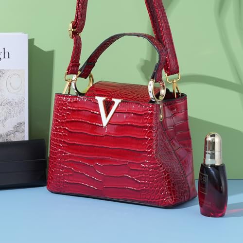 Image of Satchel Bag for Women, Crocodile Leather Purse Top Handle Purse Small Crossbody Handbag Women's Shoulder Tote Bag (Dark Red)