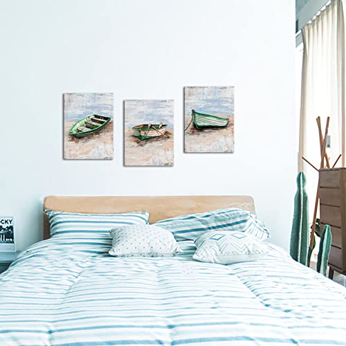 Klvos Boat Painting Wall Art Abstract Coastal Beach Canvas Pictures Prints Turquoise Framed Nautical Artwork For Bathroom For Living Room Bedroom Home Decoration 12X16Inchx3Pcs #TOP4