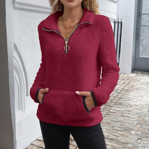 Rikbuig Red Half Zip Sweatshirt Women Oversized Fleece Quarter Zip Pullover - image 6