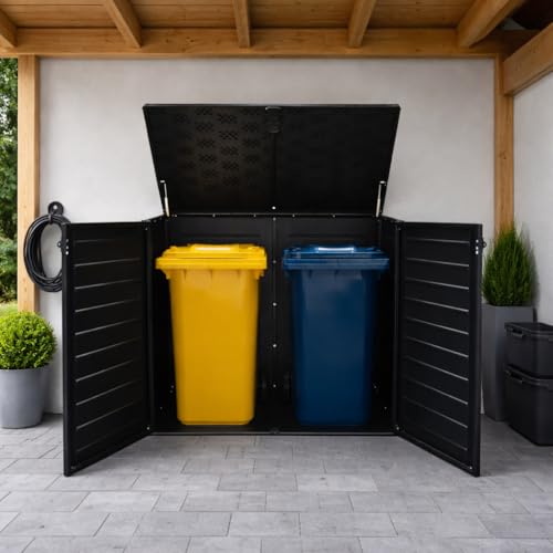 Koll Living Mülltonnenbox Tilia 1170 Liter für 2X 240 Liter Mülltonnen – abschließbare Universalbox in Holzoptik, wetterfest & UV-beständig, aus Kunststoff, Schwarz