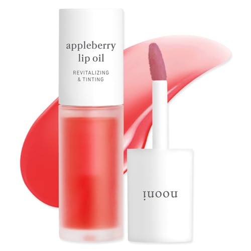 nooni korean lip oil - appleberry  long-lasting moisturizing plumping revitalizing for dry lips waterproof no peel off hydrating nourishing crystal clear 012 fl oz