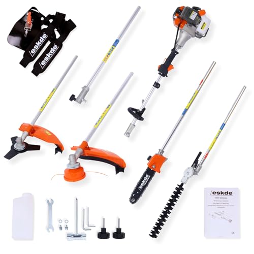 5-In-1 Garden Multi Tool - 52cc 2 Stroke Petrol Strimmer Pull Start Brush Cutter Hedge Trimmer Chainsaw and Extension Pole with Harness and Tool Kit | Long Reach Gardening Multitool | eSkde