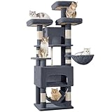 Hzuaneri Cat Tree, 176cm Cat Trees, XL, 3 Platforms, 2 Caves, 7 Scratching Posts, Hammock, Plush Balls, Cat Tower for Multi-Cat Households, Dark Grey MS17618SG