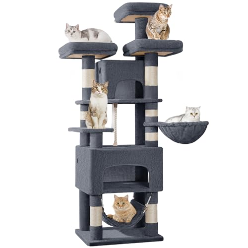 Hzuaneri Cat Tree, 176cm Cat Trees, XL, 3 Platforms, 2 Caves, 7 Scratching Posts, Hammock, Plush Balls, Cat Tower for Multi-Cat Households, Dark Grey MS17618SG