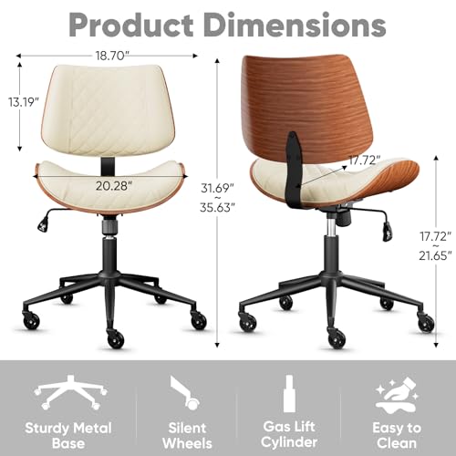 Image of Armless Office Chair with Silent Rubber Wheels, Mid Century Modern Small Desk Chair, No Arms Leather Computer Chair for Home Office, Swivel Vanity Chair, Rolling, Adjustable Height (Cream)