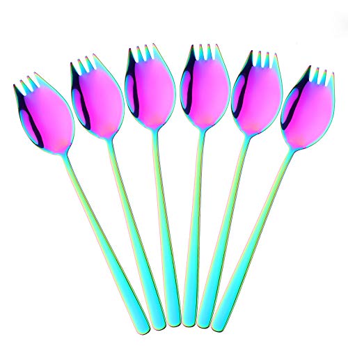 6 Piezas 2 en 1 Multifunción Spork (cuchara y tenedor), Bisda 304 de Acero Inoxidable Arco Iris Cuchara y Tenedor Set para Fideos, Pasta, Fruta, etc., Aptas para el Lavavajillas