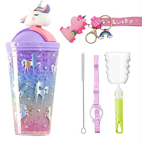 Copo de viagem com design de unicórnio para crianças com palhinha para congelador, caneca gelada, para festa de piquenique, presente de aniversário (unicórnio roxo, 450 ml)