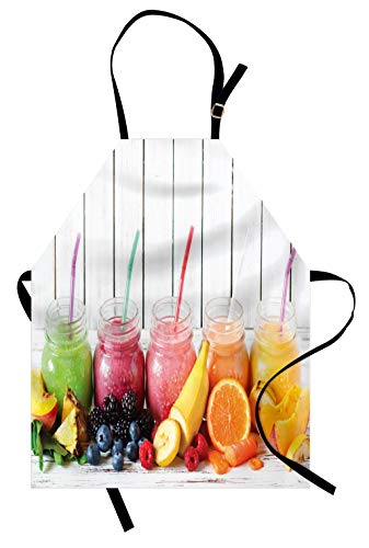 Lunarable Fruits Apron, Picture of Colorful Smoothies on a Board Beverage Blackberry Banana Peach Orange, Unisex Kitchen Bib with Adjustable Neck for Cooking Gardening, Adult Size, Multicolor