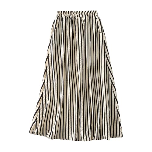 Women's Striped Linen Skirts Elastic Waist Long Flowy Bohemian Casual Summer A Line Maxi Skirt with Pockets White