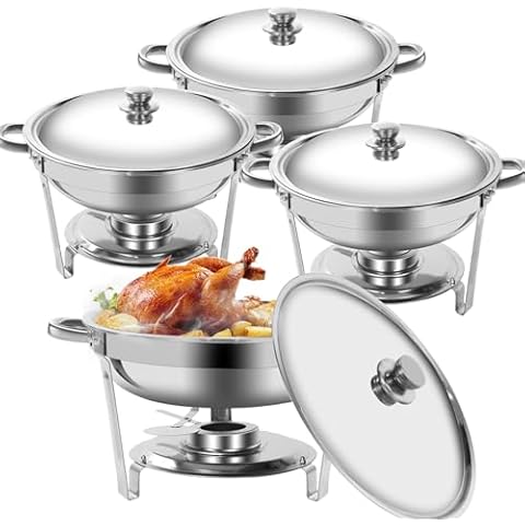 XYJBHB 5 QT Round Chafing Dishes for Buffet, Premium Stainless Steel Chafing Dish Buffet Set, Heating and Cooling Chafing Dish Complete Set for Gatherings Banquets, Buffets, Parties, Weddings (4 Pack) Cover