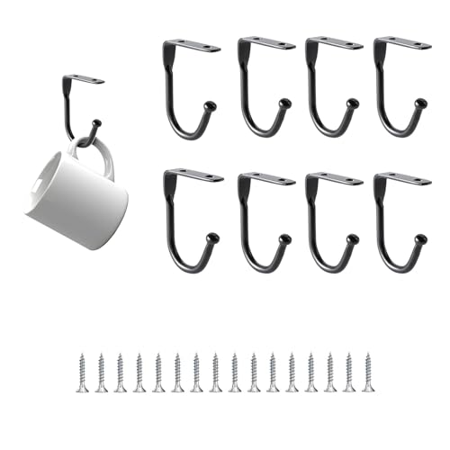 Colgador de Tazas bajo del Gabinete,8 Pcs Ganchos para Colgar Tazas bajo Gabinete Soportes Metálicos con 16 Tornillos Organizador de Cocina Negro para Utensilios y Sartenes Fáciles de Instalar