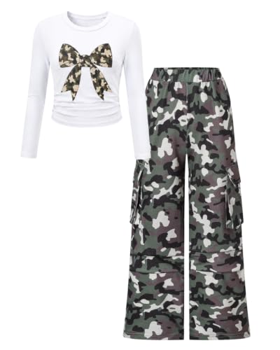 Image of Tween Girls Clothes 2 Piece Outfit Long Sleeve Top + Cargo Pants Fall Winter Clothing Set, Sizes 7-15 Years